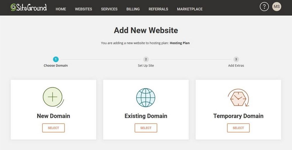 SiteGround site setting process