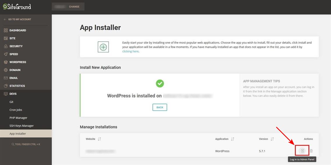 WordPress installation success message