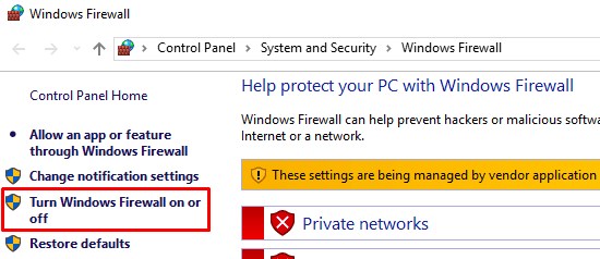 Turn on or off windows firewall