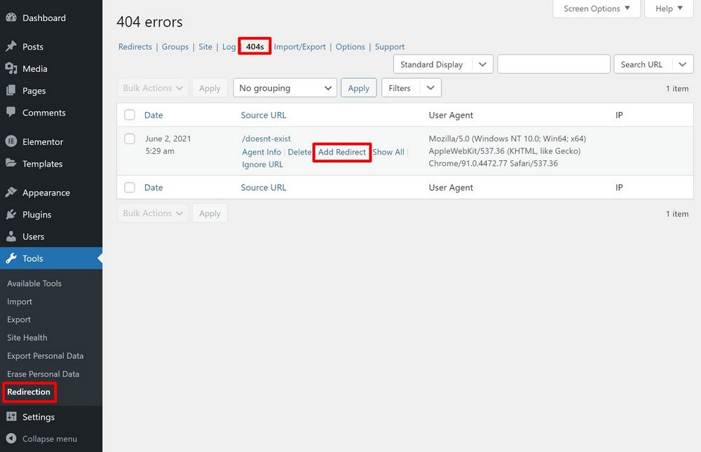 redirection plugin 404 error log