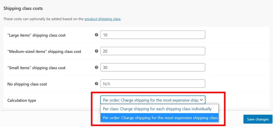 shipping class calculation type