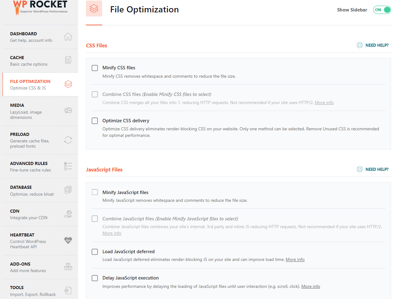 WP Rocket file optimization settings