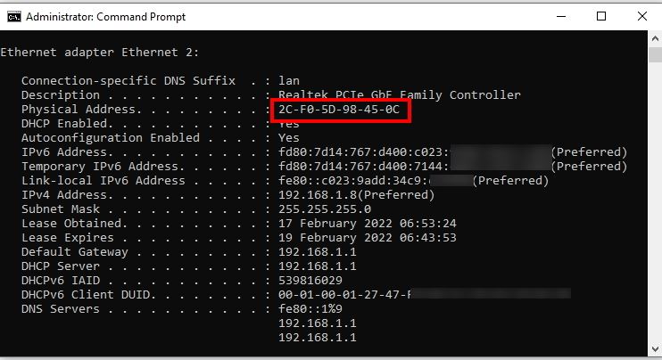 MAC address screen for Windows