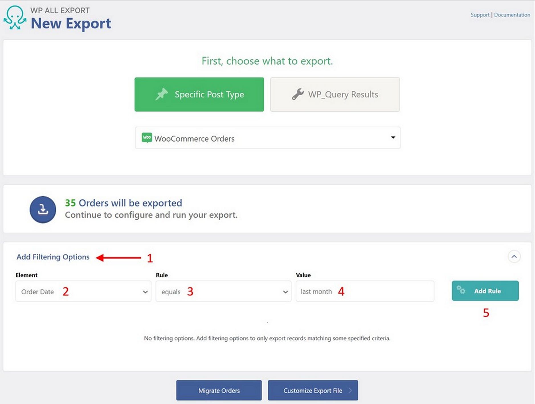 order export filtering options