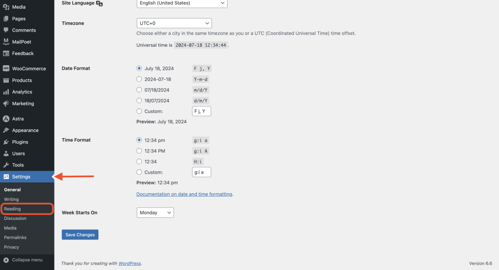 WordPress "Reading" settings