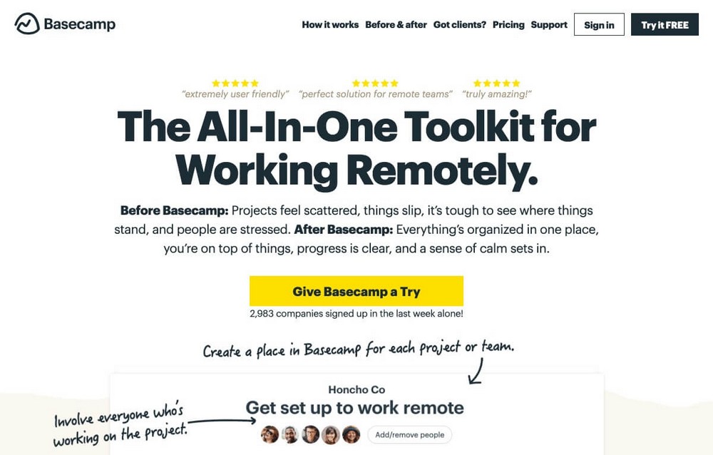 Basecamp home page