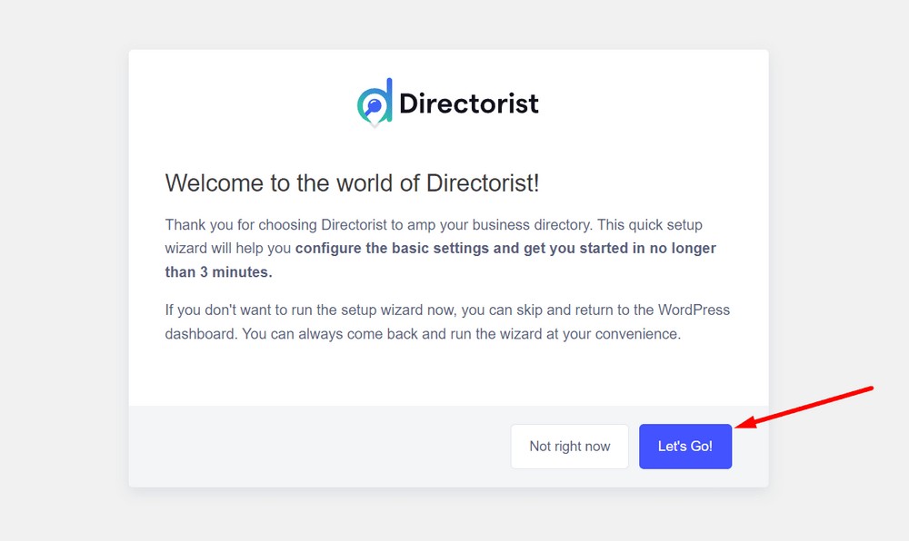 directorist setup wizard - click on let's go