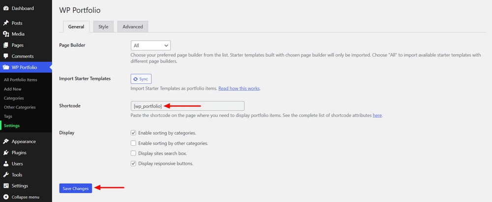 General settings of WP Portfolio