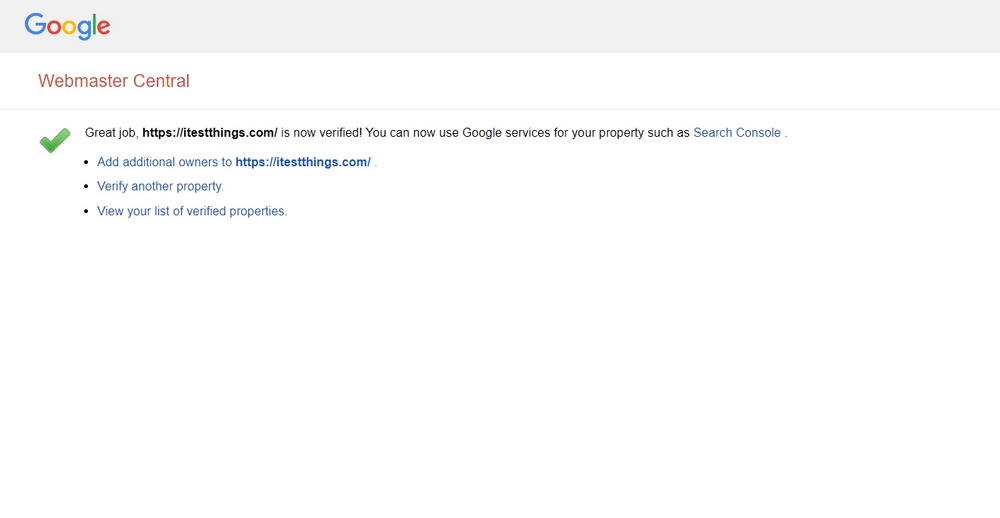 webmaster central website verification success
