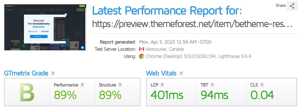 GTmetrix score for Betheme