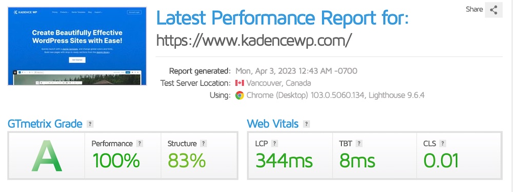 GTmetrix score for Kadence theme