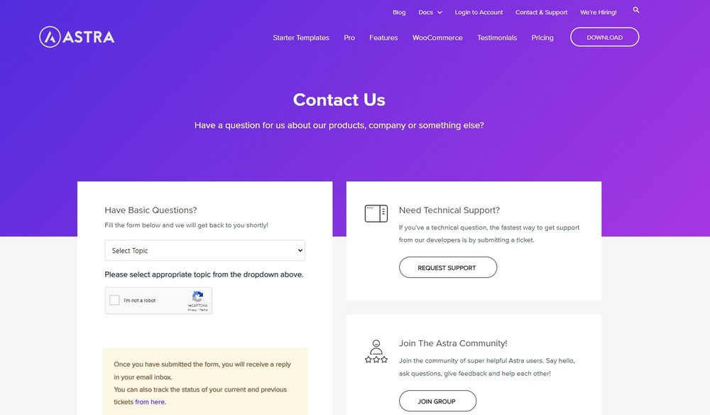 Astra theme support page