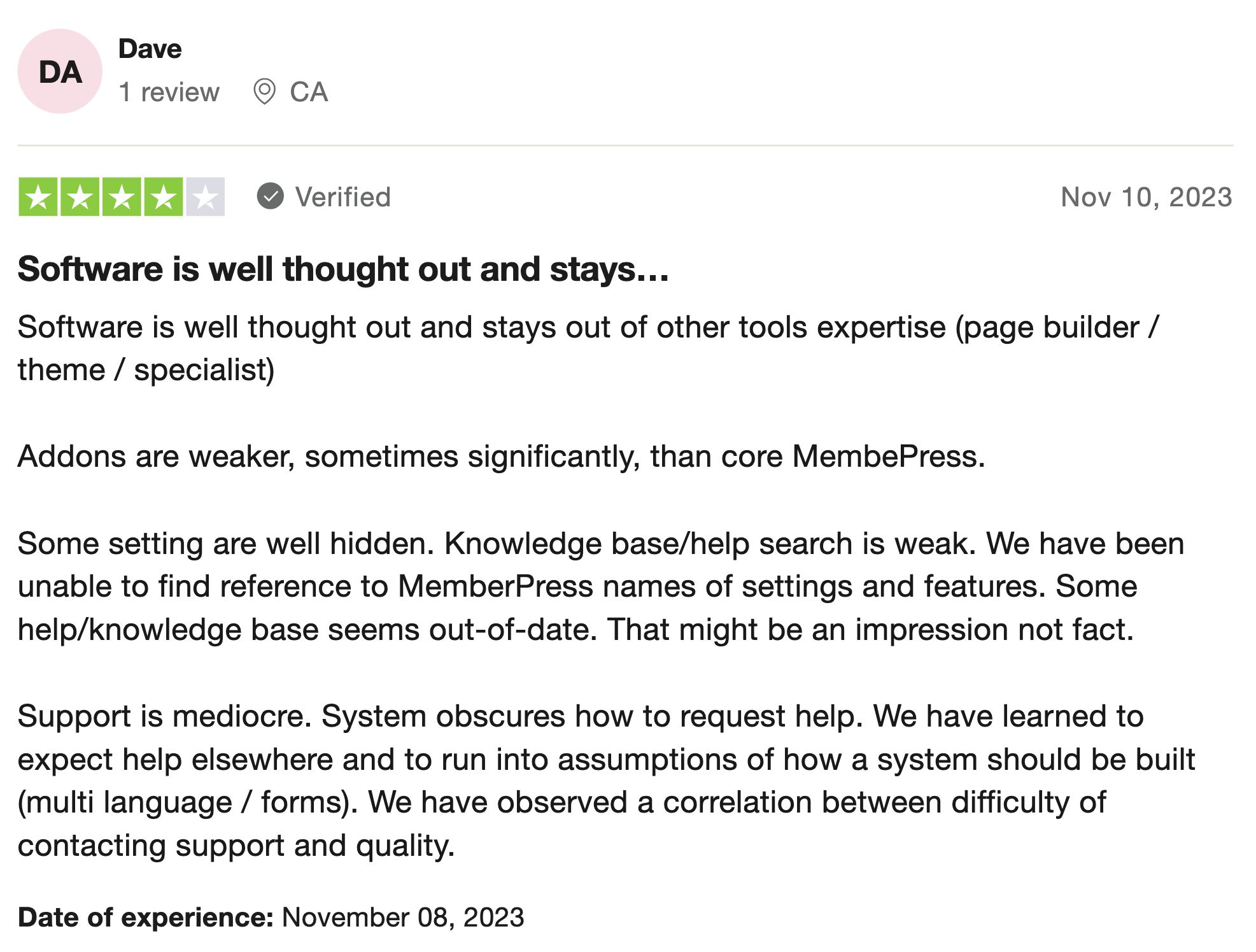 memberpress testimonial on trustpilot