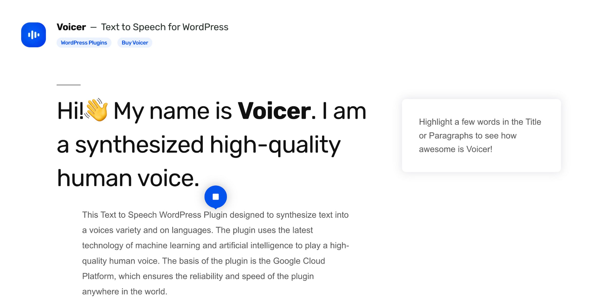 Voicer is an inline text-to-speech plugin for WordPress websites