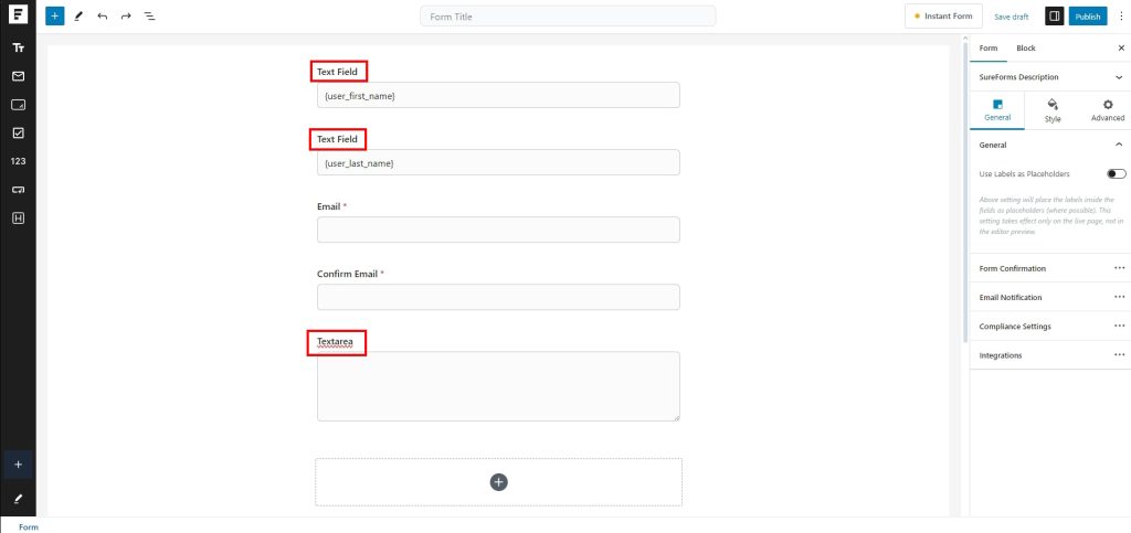 Add Name The Text Field Name on SureForms