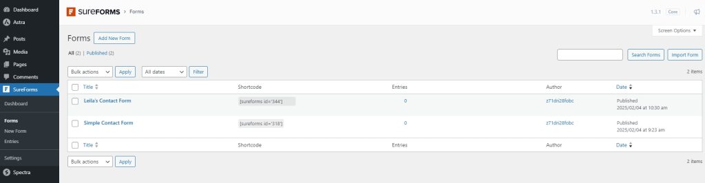 All forms list on SureForms