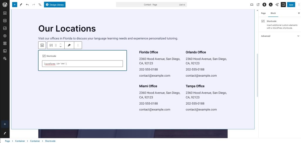 SureForms Shortcode adding on Page